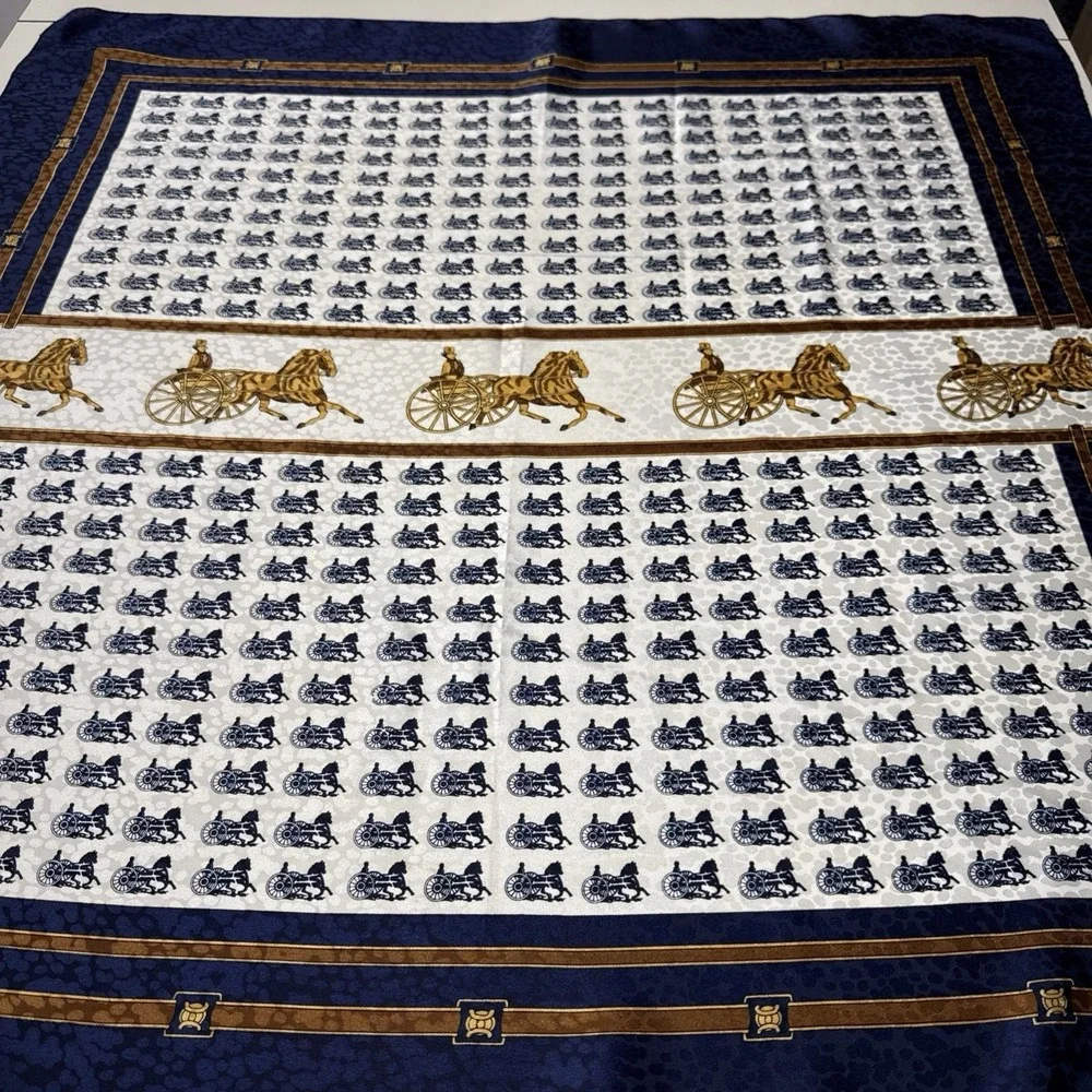 VTG Equestrian Satin Square Blue White Large Scarf 34
